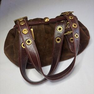 Max New York, Chocolate Suede Hand Bag with gold details